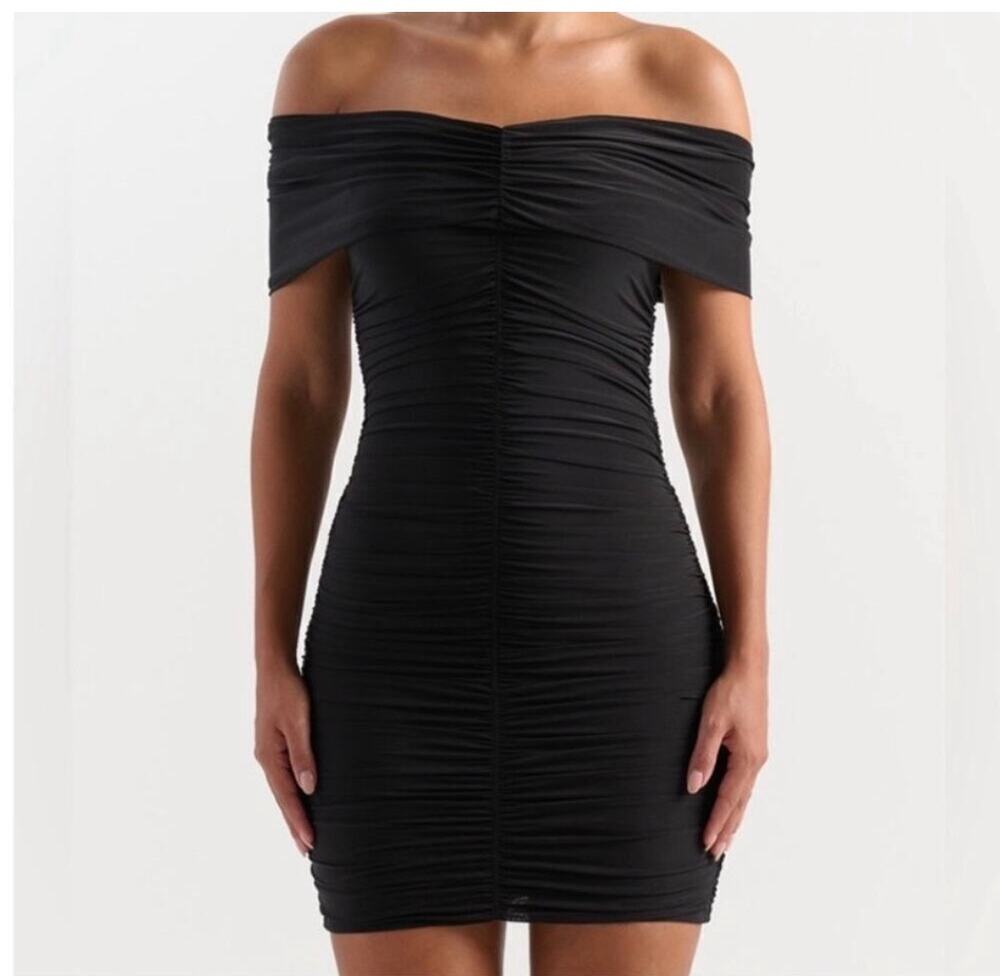 Naked Wardrobe Go Black Off Ruched Bodycon Midi Dress - Black - M, NWT